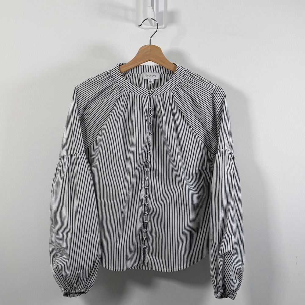 Evereve Top Womens XS Black White Striped Balloon Sleeve Button Front Blouse